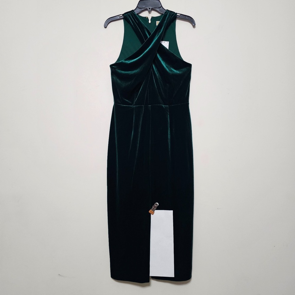 Michael Kors Dress Medium Green Midi Sleeveless Sheath Halter Front Slit 1067 - Picture 2 of 9